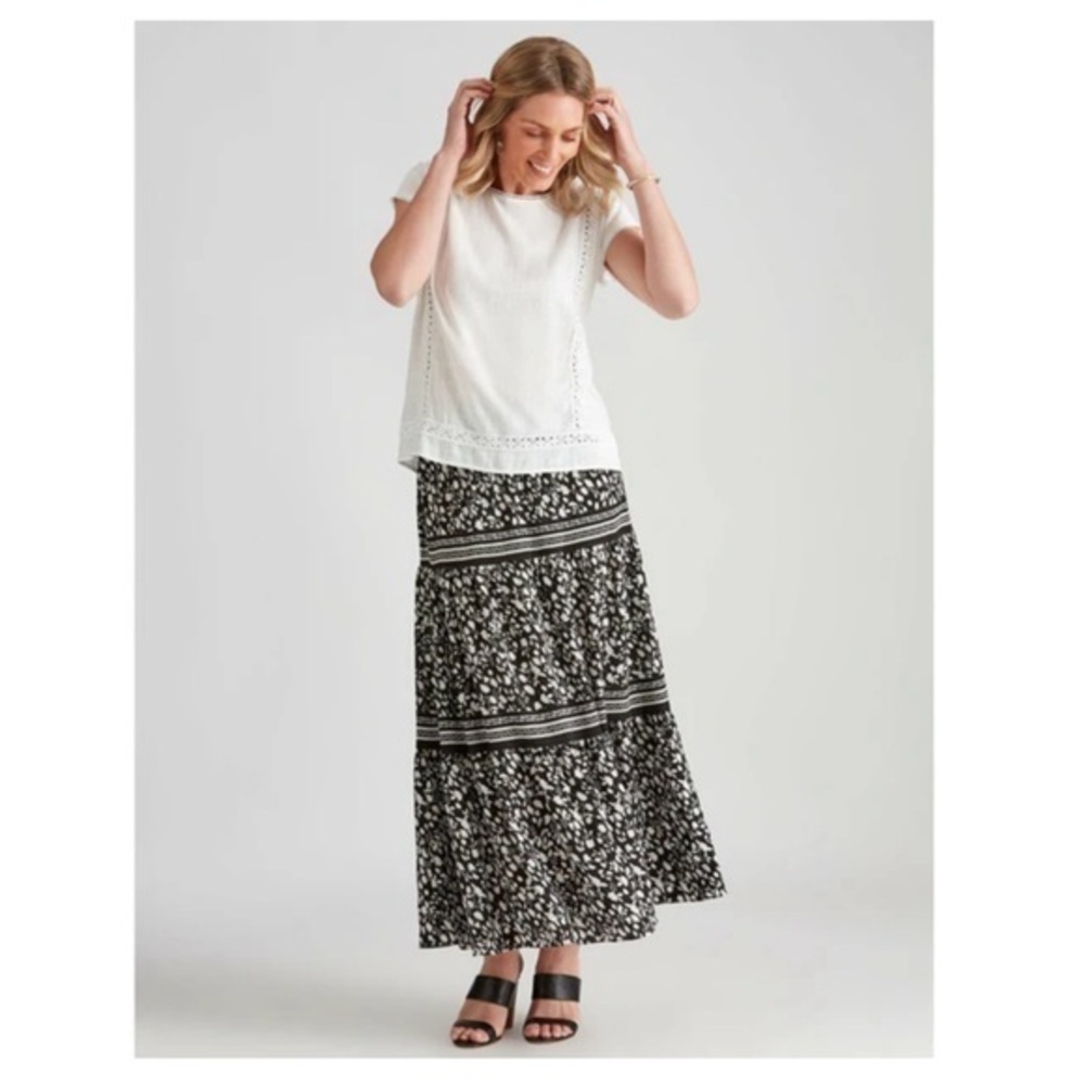 Max Studio Black & Cream Floral Elastic Waist Maxi Full Casual Or Dress Skirt XL